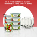 Kit de 15 Potes Herméticos de Vidro a Vácuo + BRINDE: 10 Copos Vidro Aruba